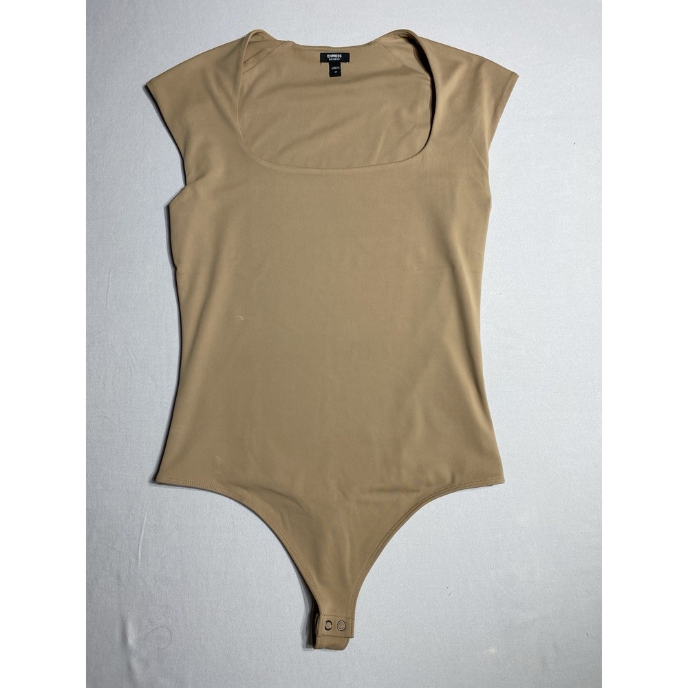 Express Body‎ Contour Bodysuit Womens M Tan Square Neck Cap Sleeve Thong
